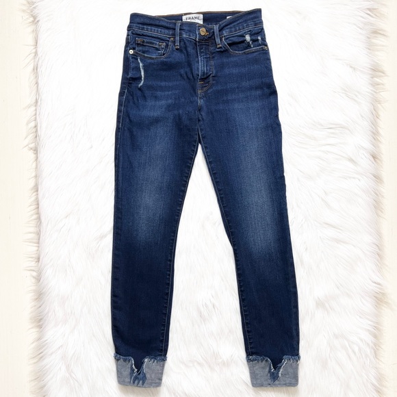 Frame Distressed Fringe Hem V Notch Cuffed Cropped Medium Wash Skinny Jeans - Picture 2 of 12